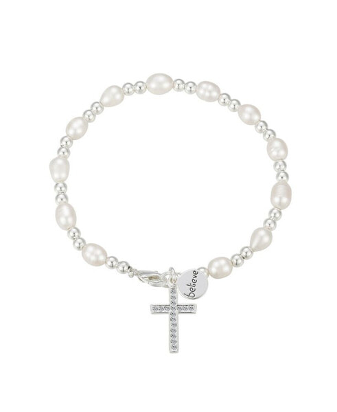 Fine Silver-Plated Crystal Cross Fresh Water Pearl Bracelet