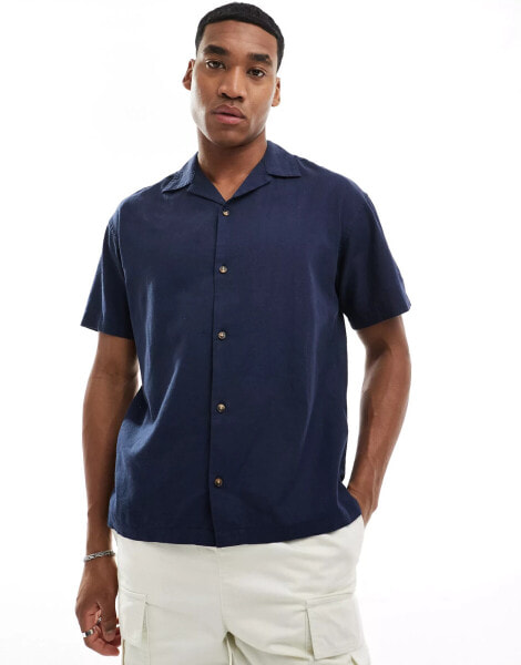 Jack & Jones linen shirt with revere collar in navy