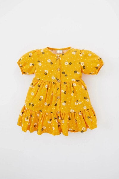 Kız Bebek Çiçekli Kısa Kollu Twill Elbise A0406a523sm