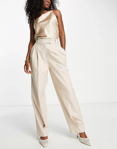 River Island co-ord pinstripe pleated trouser in beige