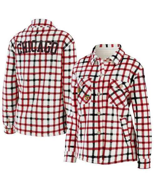 Women's Oatmeal Chicago Blackhawks Plaid Button-Up Shirt Jacket