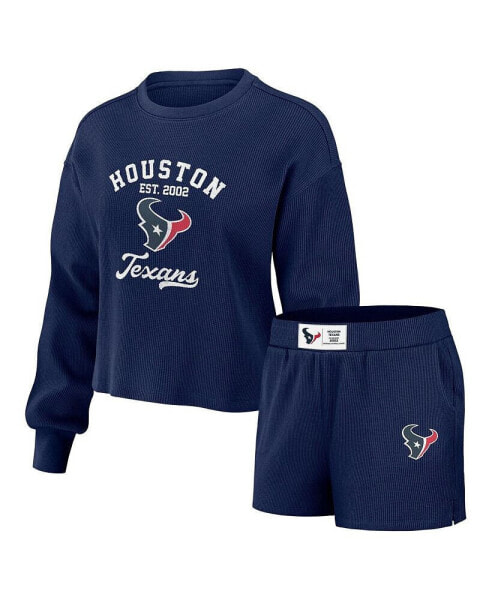 Women's Navy Distressed Houston Texans Waffle Knit Long Sleeve T-shirt and Shorts Lounge Set