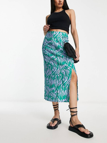 Vila wrap midi skirt with ruched side detail in green print