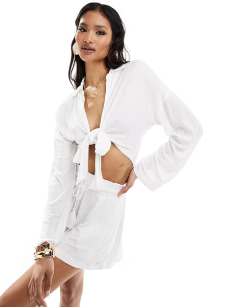 ASOS DESIGN co-ord textured tie front long sleeve shirt in white