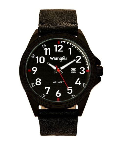 Men's Watch, 48MM IP Black Case, Black Dial, White Arabic Numerals, Black Strap, Analog, Red Second Hand, Date Function