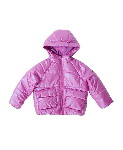 Big Girls Iridescent Shiny Fleece Lined Puffer Coat with Hood