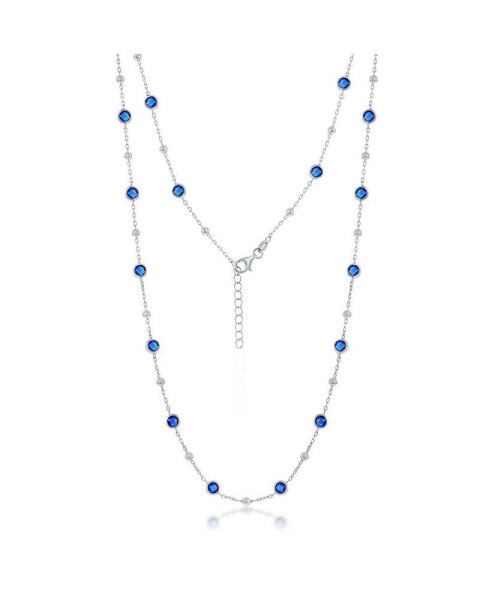 Sterling Silver Bezel-Set CZ & Bead Station Necklace (White, Green, Blue, Or Red)