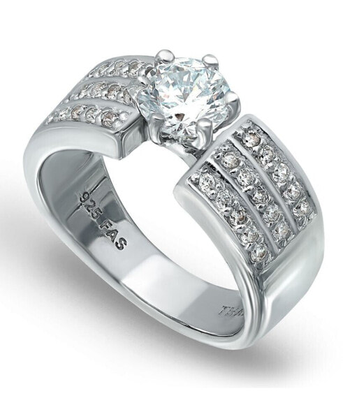 Cubic Zirconia 3 Row Band Ring with Round Prong Set Stone in Silver Plate