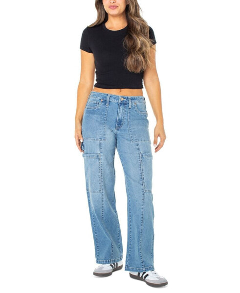 Juniors' Mid Rise Cargo Seamed Wide Leg Jean