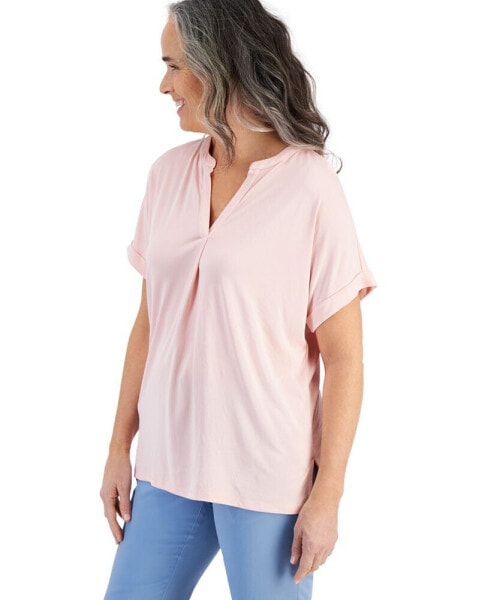 Women's Split-Neck Short Sleeve Knit Shirt, Created for Macy's