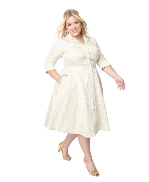 Plus Size Three Quarter Sleeve Pleated Button Front Swing Dress