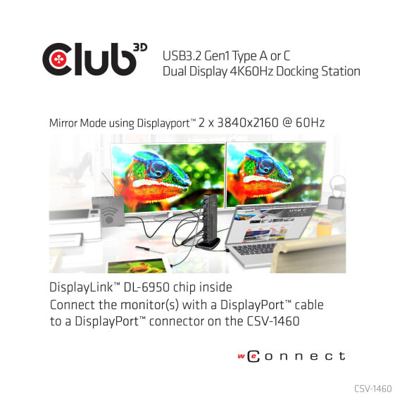 Club 3D USB3.2 Gen1 Type A or C Dual Display 4K60Hz Docking Station DisplayLink® Certified - Wired - USB 3.2 Gen 1 (3.1 Gen 1) Type-A - 3.5 mm - USB Type-A - 10,100,1000 Mbit/s - Black