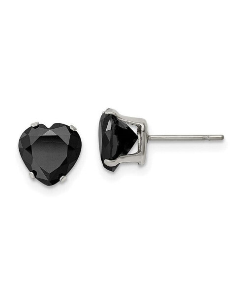 Stainless Steel Polished Black Heart CZ Stud Earrings