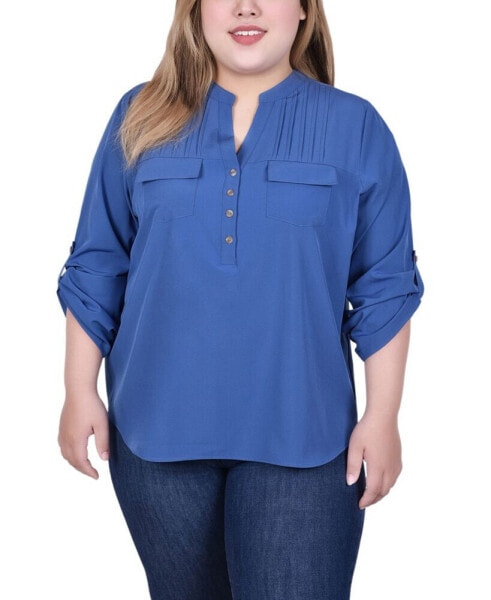 Plus Size Long Tab Sleeve Blouse with Pockets