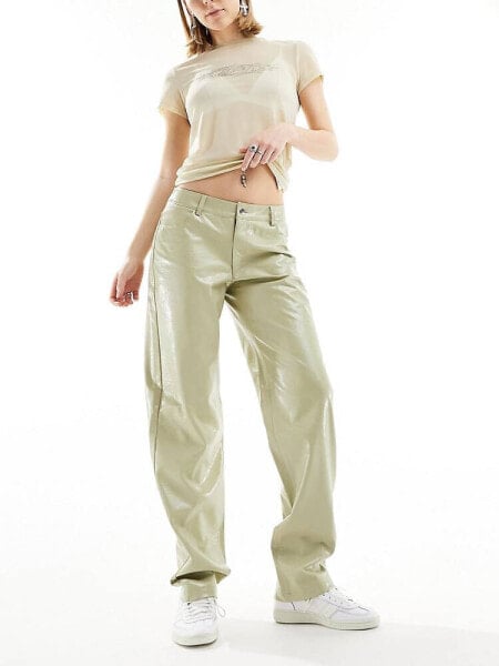 Noisy May wide leg faux leather trouser in light sage