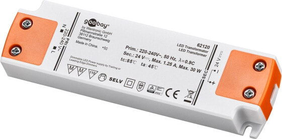 Goobay LED Transformer 24 V/30 W - Electronic lighting transformer - Orange - White - IP20 - -20 - 45 °C - CE - RoHS Directive 2011/65/EU [OJEU L174/88-110 - 01.07.2011 - Box