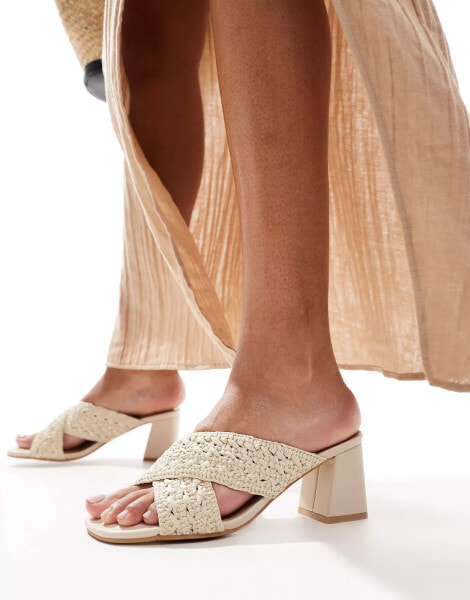 New Look cross strap crochet mid heeled sandal in off white