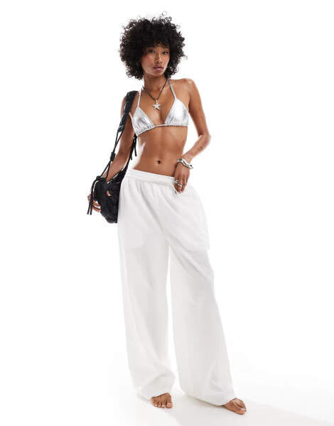 COLLUSION elastic waist linen beach trouser in white