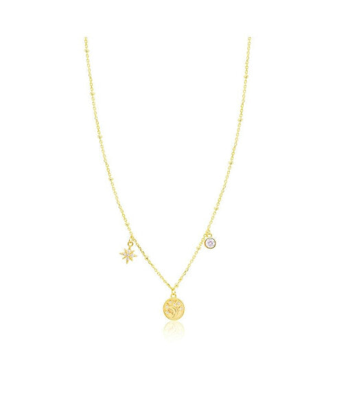 Yellow Gold Tone CZ Moon & Star Charms Necklace