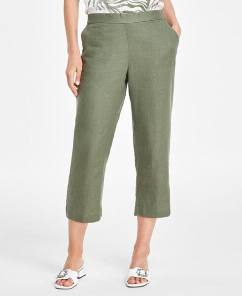 Women's 100% Linen Solid Cropped Pull-On Pants, Created for Macy's