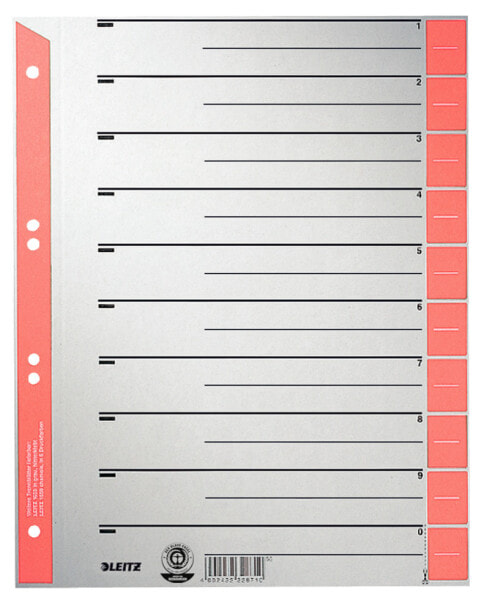 Esselte Leitz 16520025 - Numeric tab index - Cardboard - Grey - Red - A4 - 230 g/m² - 240 mm