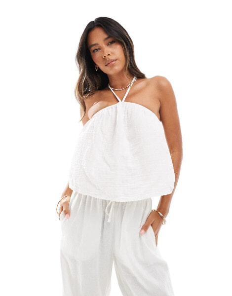 Pieces textured halterneck smock top in white