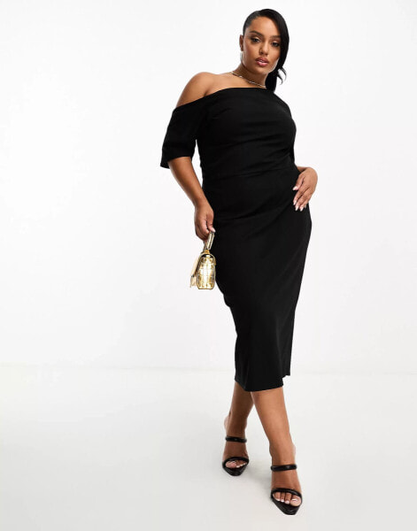 ASOS DESIGN Curve pleated shoulder pencil dress in black