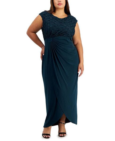 Plus Size Ruched Cap-Sleeve Maxi Dress