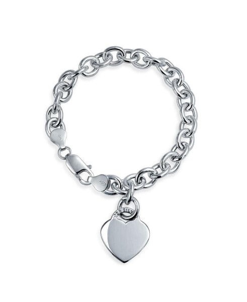 Solid Link Heart Shape Tag Charm Bracelet 8 Inch For Women Teens .925 Sterling Silver Made in Italy