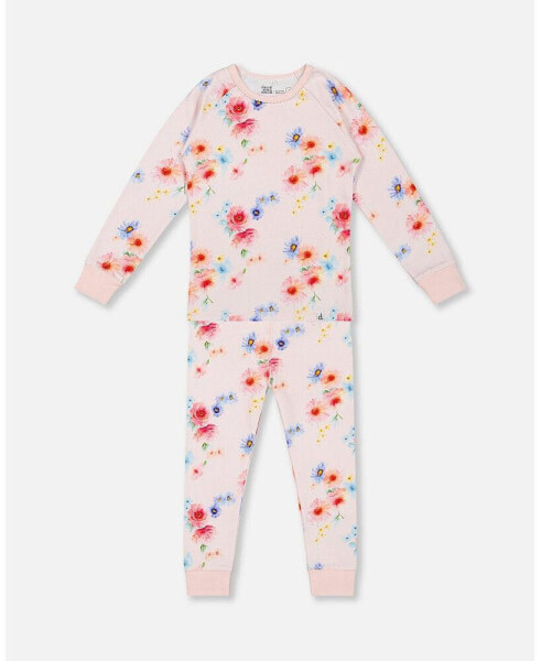 Girl Organic Cotton Long Sleeve Two Piece Pajama Light Pink Printed Flowers - Child