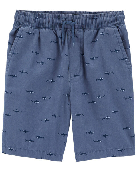 Kid Shark Print Drawstring Canvas Shorts 7