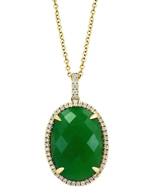 EFFY Collection eFFY® Dyed Green Jade & Diamond (1/4 ct. t.w.) Oval Halo 18" Pendant Necklace in 14k Gold