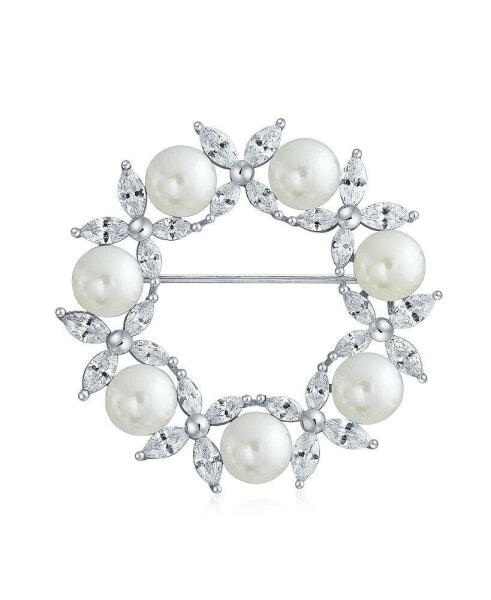 Elegant Bridal Holiday Marquise CZ Cubic Zirconia Round 8MM White Simulated Pearl Wreath Circle Scarf Brooch Pin For Women Wedding