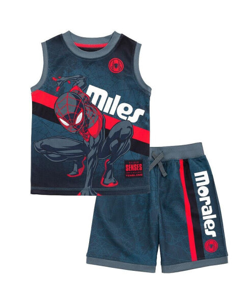 Toddler Boys Spider-Man Miles Morales Mesh Jersey Tank Top Shirt and Basketball Shorts to