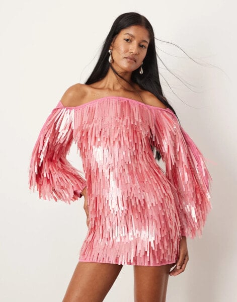 ASOS EDITION – Minikleid in Rosa mit Paillettensplitter-Besatz und überdimensionalen Ärmeln