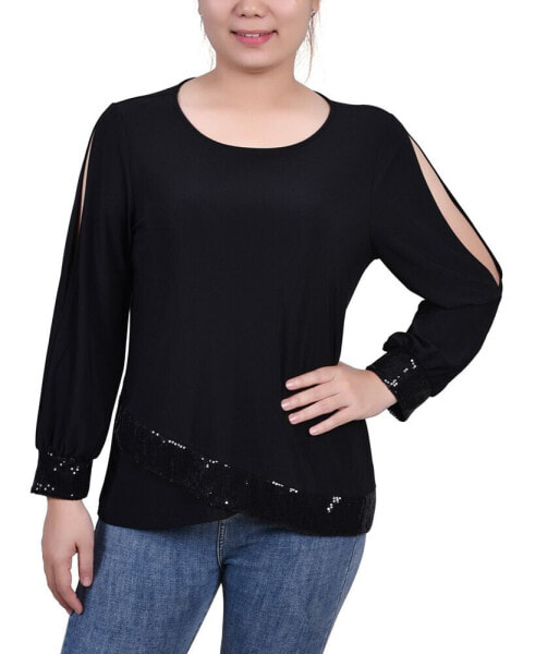 Petite Long Sleeve Knit Top with Sequin Hem