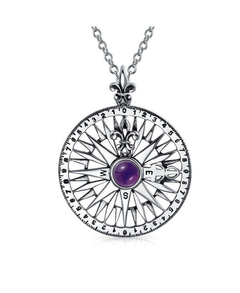 Celtic Round Medallion Navigation Direction Graduation Large Fleur De Lis Nautical Rose Compass Pendant Necklace Purple CZ Oxidized Sterling Silver