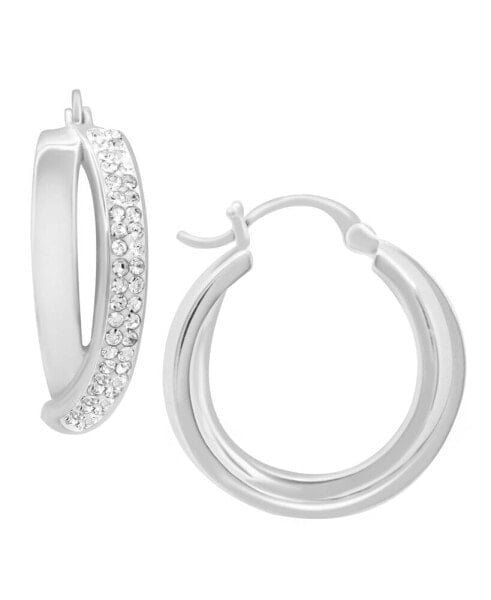 Crystal and High Polish Crossover Hoop Earring, Silver Plate