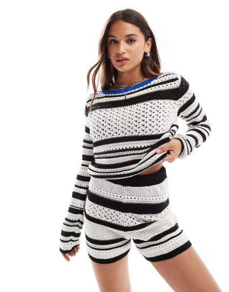 ASOS DESIGN open stitch jumper with contrast blue trim detail in mono