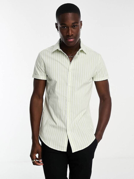 ASOS DESIGN slim fit short sleeve stripe shirt in green