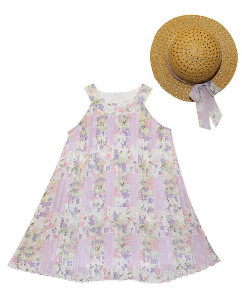 Baby Girls Lilac Floral Pleated Swing Dress Sun Hat