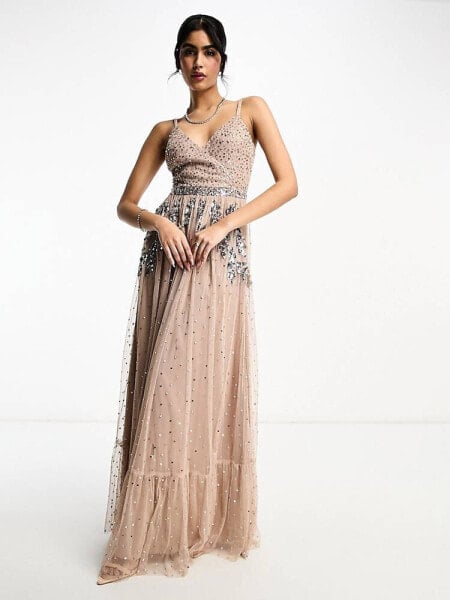 Maya Bridesmaid wrap front maxi tulle dress with tonal delicate sequin in taupe blush co ord