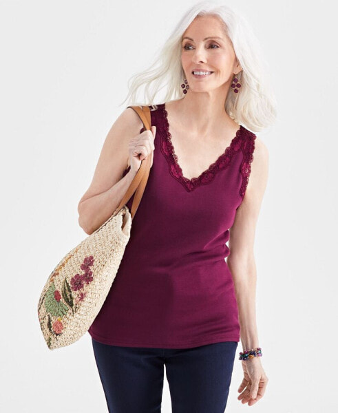 Petite Lace Knit Cotton Tank Top, Created for Macy's