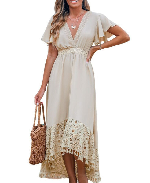 Women's Neutral V-Neck Ruffled Sleeve Lace Hem Midi Beach Dress