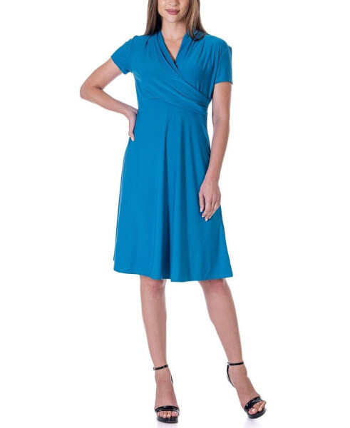 Short Sleeve Knee Length V Neck Rouched Wrap Dress