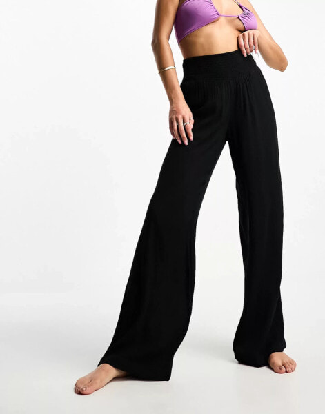 Vero Moda shirred waist beach trousers in black