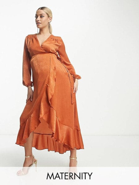 Flounce London Maternity long sleeve satin wrap maxi dress in cinnamon