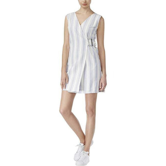 Rachel Roy Women's Striped Sleeveless Buckle Wrap Dress Denim White L