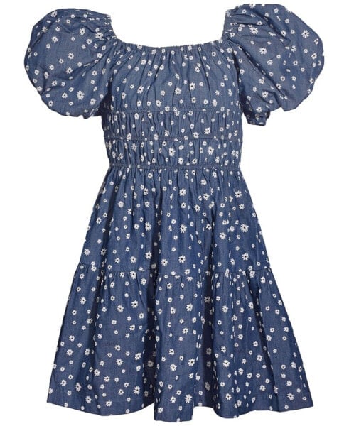 Big Girls Tiered Floral-Print Chambray Dress