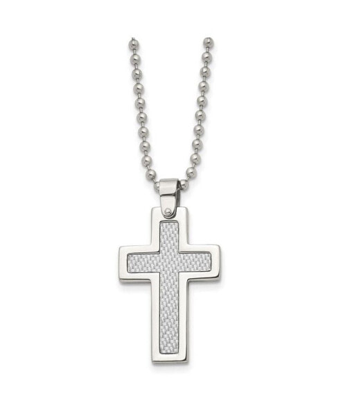 Grey Carbon Fiber Inlay Cross Pendant Ball Chain Necklace